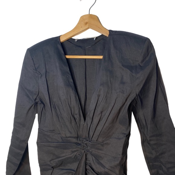 Zara Black Linen Blend Line Ruched Ruffle Front Deep V-Neck Dress Womens Small - Picture 5 of 10